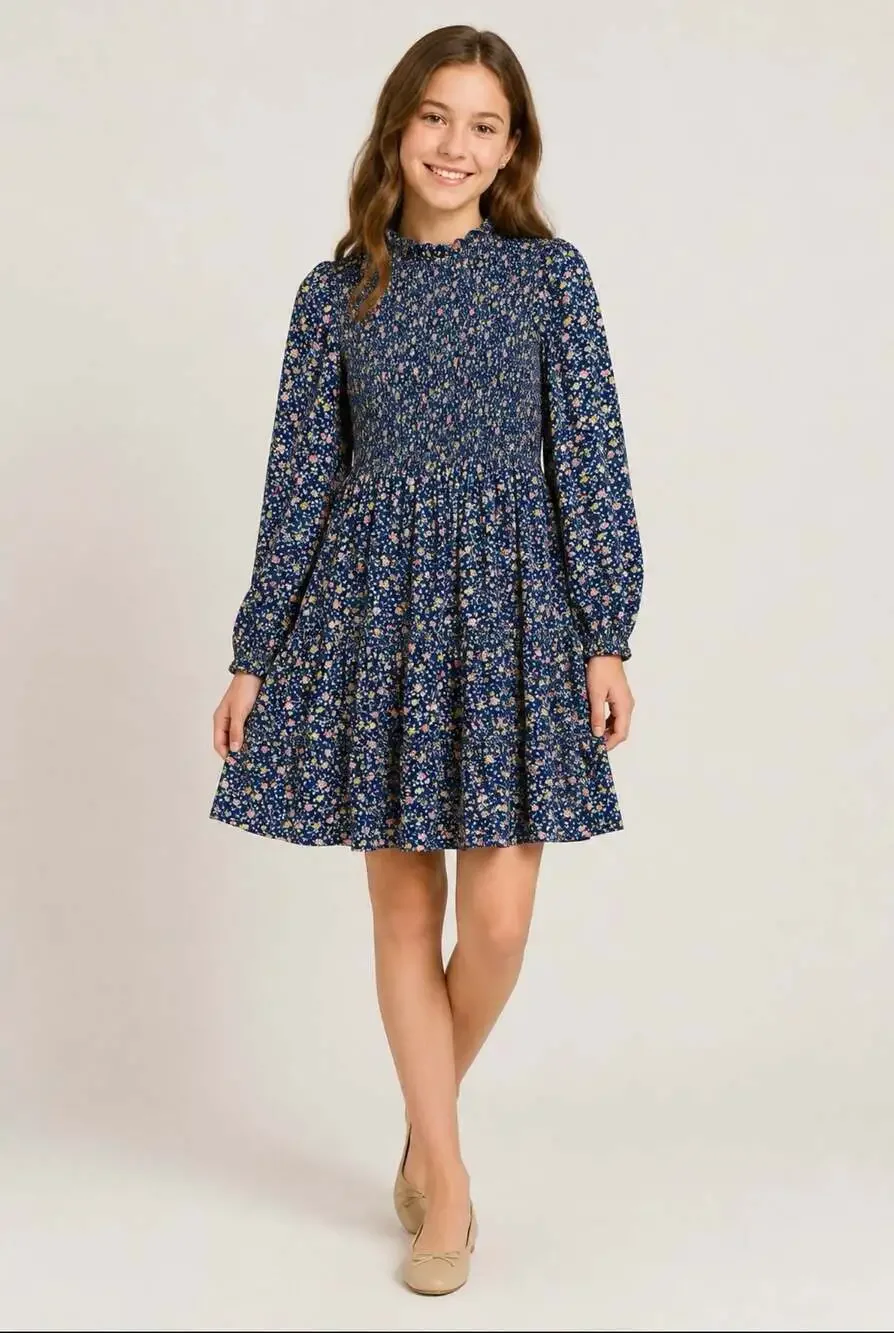 Polo Ralph Lauren Girls XL 16 Navy Floral Smocked Tiered Long-Sleeve Dress